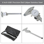 6 Inch 0.001 Precision Dial Caliper Stainless Steel Shockproof 4-Way Measurement with Plastic Case, Good Caliper Measuring Tool