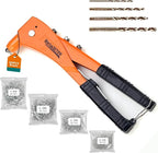 Meiwaltee Rivet Gun with 200PCS Rivets and 4 Drill Bits, Professional Aluminum Alloy Riveter, Heavy Duty Pop Manual Riveting Tool with 4 Interchangeable Heads for Metal, Wood and Plastic