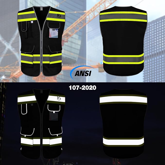 TCCFCCT High Visibility Vest 9 Pockets Reflective Safety Vest for Men Women, Hi Vis Construction Work Vest with Yellow Extend Edge for Surveyors, Durable to Use, Meets ANSI/ISEA, (DB-Black, X-Large)