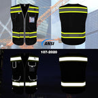 TCCFCCT Black Safety Vest for Men Women 9 Pockets Mesh High Visibility Reflective Vest for Safety, Work Vest with Reflective Strips, Meets ANSI/ISEA Standards, DB-5X-Large