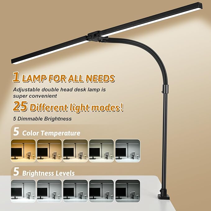 LED Desk Lamp for Office Dorm Home - Eye Caring Desk Light with Timer, Remote Control 24W 5 Color Brightest Dual Screen Computer Monitor Gooseneck Dimmable Table lamp with Anti-Glare Cover Base