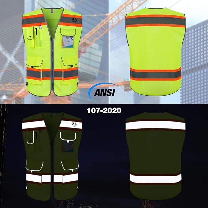 TCCFCCT Safety Vest 9 Pockets High Visibility Reflective Safety Vest for Men Women, Hi Vis Work Vest with Fluorescent Orange Extend Edge for Workers, Surveyors, Meets ANSI/ISEA, (DB-Yellow, 3X-Large)