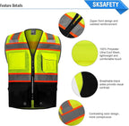 SKSAFETY 10 Pockets Professional level Safety Vest, Class 2 High Visibility Security Vest with Zipper, Hi Vis Vest with Reflective Strips, ANSI/ISEA Standard, Construction Work Vest（Lime Black, XL）