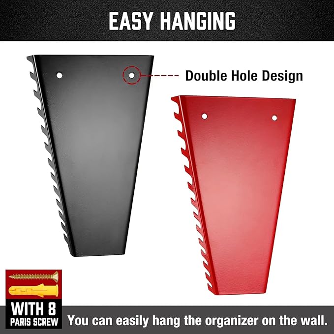 ALOANES 52-Slot Metal Wrench Organizer, Heavy Duty Wrench Organizer Tray for Tool Box, Fit SAE & Metric Wrench Storage, 4 Pack Wrench Holders(Red&Black)