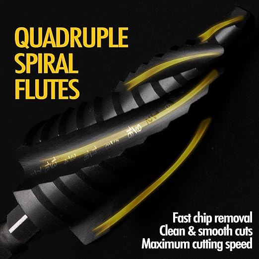 Four Spiral Flute Cobalt Step Drill Bit, 1/8" - 1/2" M35 TiAlN Coating Impact Ready Unibit Step Drill Bit, 1/4" Hex Shank Step Bit for Metal, Stainless Steel, Aluminum, Plastic