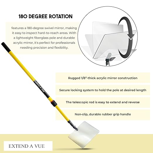 Telescoping Inspection Mirror - Standard Fiberglass, Lightweight & Durable, 3 ft - 6 ft Pole, 3.5 x 6 inch Acrylic Mirror