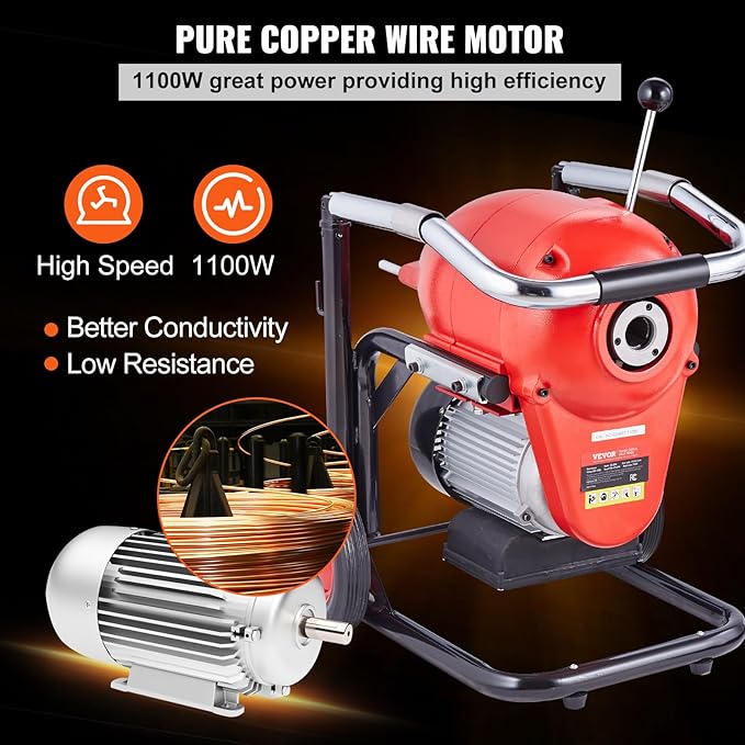 VEVOR Drain Cleaner Machine 120FT x 6/5 Inch, 1100W Electric Sewer Snake Auger Manual Feed - with 6 Cutters and CW/CCW Control for 4" to 8" Pipes