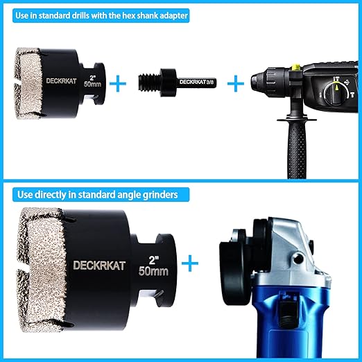 Diamond Hole Saw, 2" Hole Saw for Tiles Granite Marble Ceramic Glass Porcelain, 50mm Core Drill Bit with 5/8-11 Thread and 3/8” Hex Shank Adapter for Angle Grinders & Drills