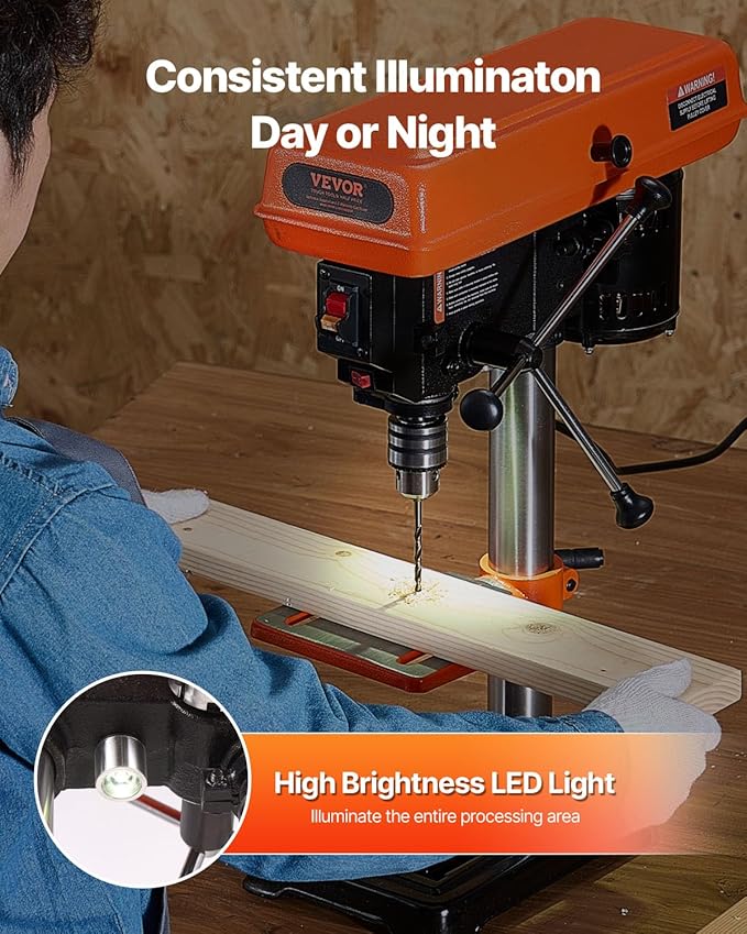 VEVOR 8 in Benchtop Drill Press, 2.3A Induction Motor, Tabletop Drilling Machine with 750/1140 / 1740/2340 / 3200 RPM Adjustable Speed, 0-45° Tilting Worktable, LED Work Light, for Wood Metal