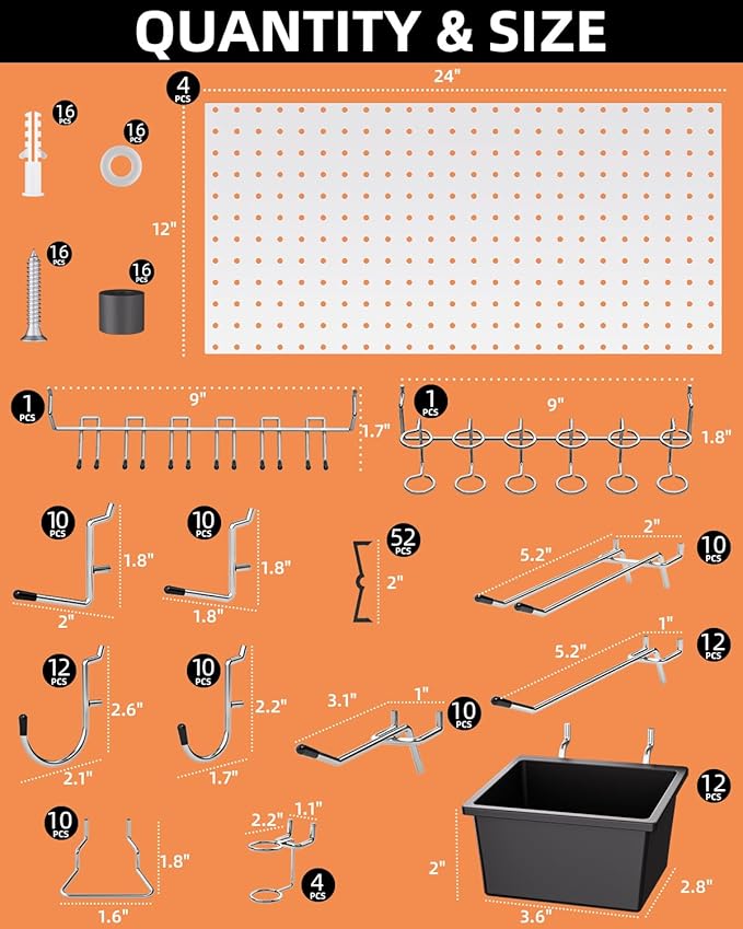 INCLY 158PCS Metal Pegboard Wall Organizer, 48x24 Inch White Pegboard Panels Tool Organizer Kit with Accessories Hooks and Bins, Peg Board Utility Tool Storage for Garage Workbench Shed