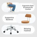 Ergonomic Desk Stool(Sturdy Rolling Stool with Back)(Swivel Armless Office Chair 19.5’’-26.6’’) Adjustable Footrest Salon Chair (Camel Brown)