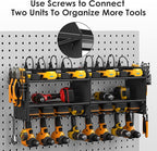 CCCEI Modular Power Tool Organizer Wall Mount Charging Station, Black 6 Drills Holder with 8 Plug Power Strip 10FT, Garage Drill Battery Heavy Duty Metal Shelf, Utility Rack with Hooks, Side Storage.