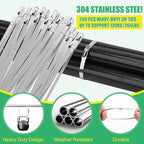 Heavy Duty Stainless Steel Cable Tie Gun Kit with 200PCS 11.8 Inch Self-Locking Metal Zip Ties, Adjustable Tension Cutting Tool for Garden Fence Repair, Automotive & Outdoor Projects (11.8'')