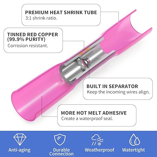 200 PCS Heat Shrink Butt Connectors Qibaok Waterproof Insulated Electrical Crimp Wire Connectors Butt Splice Terminal 22-18 AWG for Automotive Marine Boat Truck Trailer Stereo