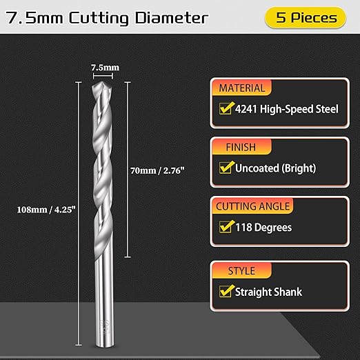 Drill Bit, 7.5mm Cutting Diameter, 4241 HSS 118° Cutting Angle Uncoated Bright Versatile Jobber Bits - (Applications: for Drilling Plastic Wood Soft Metal), 5-Pieces