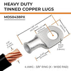 SELTERM 2pcs 4 AWG 3/8" Stud (X - Wide Pad) Tinned Copper Wire Lugs, Battery Lugs, Ring Terminals, Battery Cable Ends, 4 Guage Ring Terminal Connectors, UL Marine Grade Battery Terminal Connectors