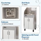 Ozark River Portable Sinks Elite PRO1, Free Standing Portable Concession Sink, Commercial Restaurant Portable Sink with Hot Water, Stainless Food Service Sink, White Doors-White Edges-Splashguard