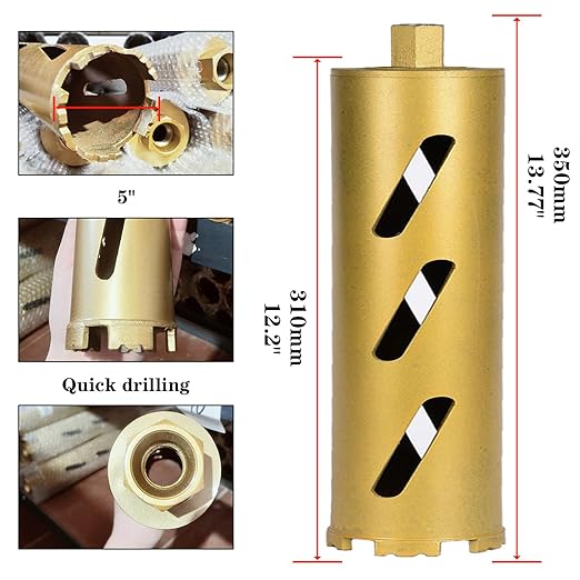 5" Dry Core Drill Bits for Cured Concrete with Rebar Brick Blonck Masonry etc 12.2in/310mm Drilling Depth，10mm Diamond Segment Height，2 Adapters