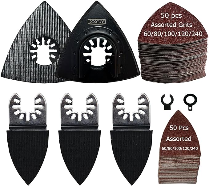 XXGO Oscillating Multi Tool Sanding Kit - 105 Pcs Including Triangle & Finger Sanding Pads, 100 Pcs Multi Tool Sandpaper for Wood