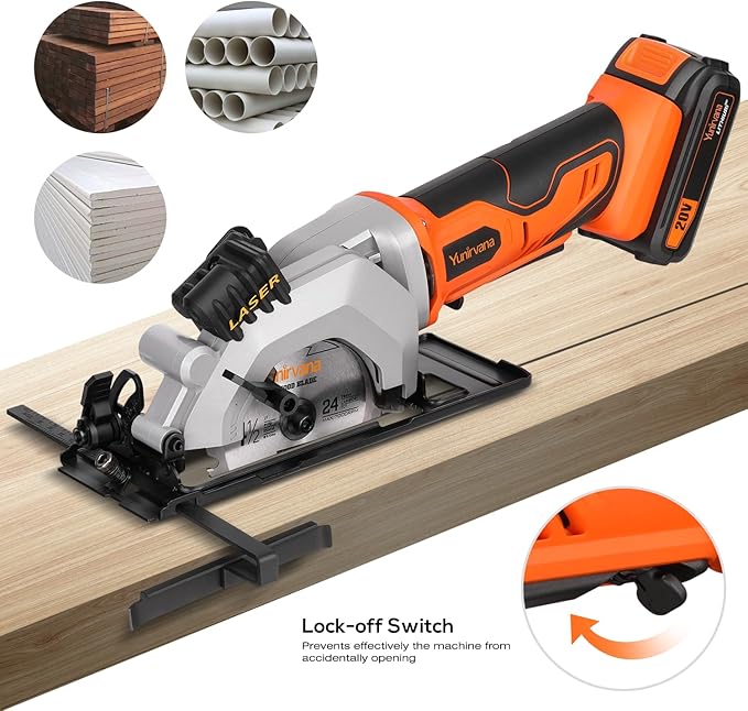Mini Circular Saw - DC20V 4-1/2" Cordless, 4.0Ah Battery, Laser & Rip Guide, 2 Blades (24T & 60T), 3400 RPM, Max Cut Depth 1-11/16" (90°) & 1-1/8" (45°)