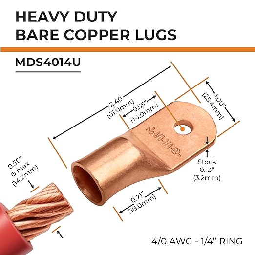 SELTERM 10pcs 4/0 AWG - 1/4" Stud - Battery Lugs, Heavy Duty Wire Lugs, Ring Terminals, Battery Cable Ends,0000 Gauge Terminals, UL Bare Copper Eyelets Electrical Battery Terminal Connectors