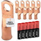 SELTERM 10pcs - 6 Awg - 1/4" Stud - Battery Lugs - Ring Terminal Connectors | with 12pcs 3:1 Black & Red Heat Shrink Tubing with Adhesive | Heavy Duty Battery Cable Ends - Bare Copper Wire Lugs Kit