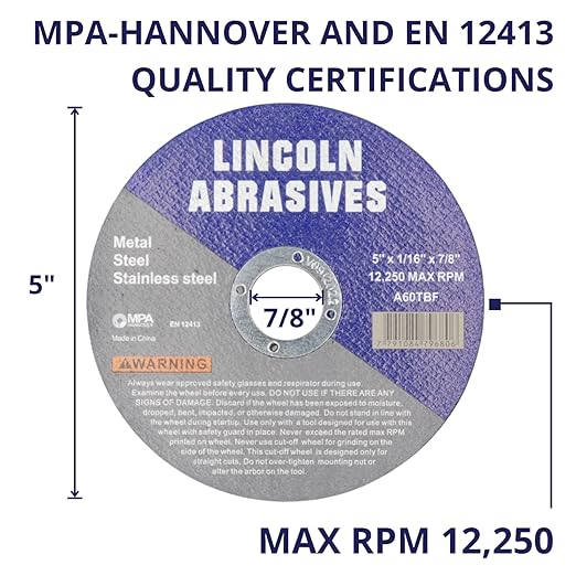 25 Pc 5" x 1/16" x 7/8" Cut-Off Wheels Lincoln Abrasives Metal & Stainless Steel