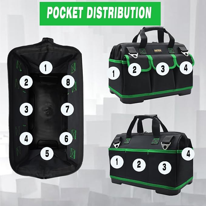 20 Inch Tool Bag, Waterproof Wide Mouth Tool Kit, Heavy Duty Tool Bag Organizer With Shoulder Straps and Molded Base, Tool Storage Package For Screwdrivers, Pliers, Nut Drivers (Green20IN)