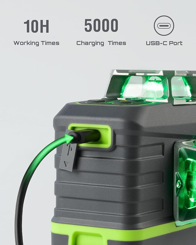 Laser Level Self Leveling 360°x3 Green Cross Line Laser Tool for Construction and Picture Hanging, Remote Control, Professional Magnetic Rotating Stand, 2 Rechargeable Batteries - LG-3Ds