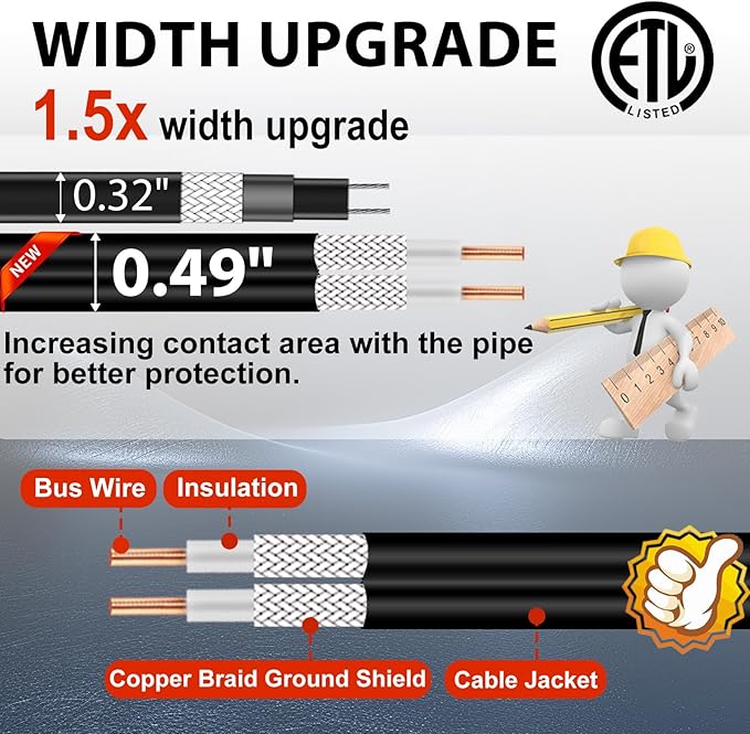 HEATIT Water Pipe Heat Tape Electric Heating Cable Automatic Heat Tape Pipe Freeze Protected Heated Cable 9 Feet