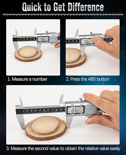 Digital Caliper, (ABS) Absolute Scale Caliper 8in, IP54 Electronic Measuring Tool, Inch/MM/Fraction, Auto-Off LCD Stainless Steel Waterproof Micrometer Vernier Caliper, with Feeler Gauges