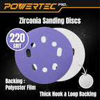 POWERTEC PRO 50PK, 5 Inch Sanding Discs Hook and Loop, 220 Grit, Zirconia Orbital Sander Sandpaper for 5 & 8 Hole Random Orbital Sanders - Automotive, Paint, Metal, Woodworking (45322Z-50)