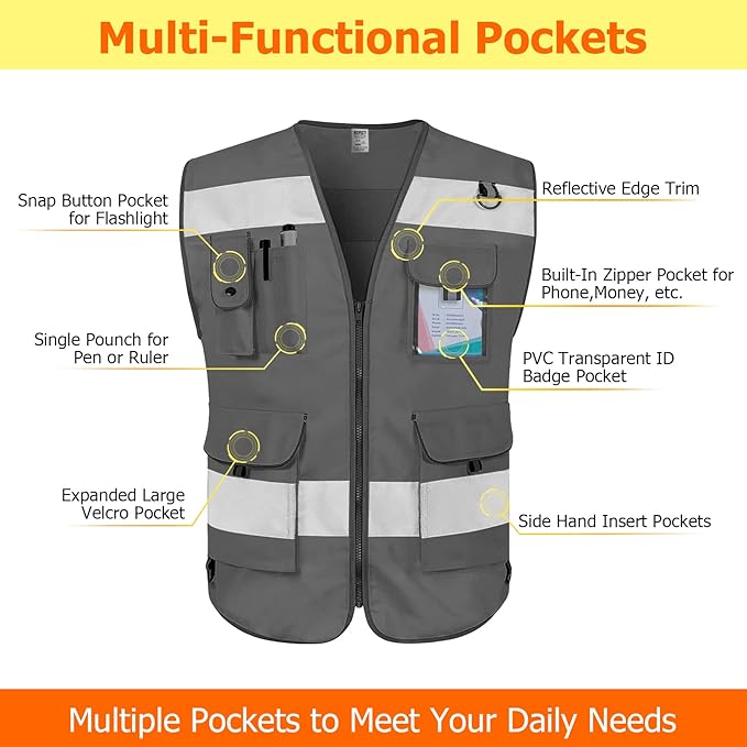 TCCFCCT Safety Vest 9 Pockets High Visibility Reflective Safety Vest for Men Women, Hi Vis Work Vest with Reinforced Sewing, Durable to Use, Meets ANSI/ISEA Standards, (Grey, 3X-Large)