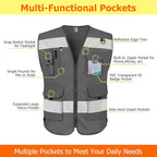 TCCFCCT Safety Vest for Men Women 9 Pockets High Visibility Reflective Vest for Safety, Work Vest with Reflective Strips, Meets ANSI/ISEA Standards, (Grey, X-Large)