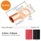 SELTERM 10pcs - 2/0 Awg - 1/2" Stud - Battery Lugs - Ring Terminal Connectors | with 12pcs 3:1 Black & Red Heat Shrink Tubing with Adhesive | Heavy Duty Battery Cable Ends - Bare Copper Wire Lugs Kit