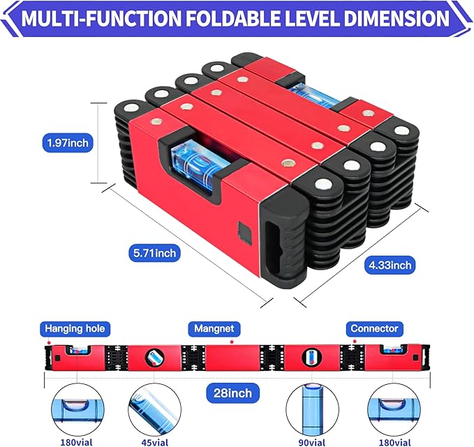 Multi-Function Foldable Level - 28 Inch Foldable Measuring Tool with 4 Easy-Read Level Bubbles 45/90/180, Multi-Angle Measurement Tool for Carpenters, Woodworkers, Fabricators