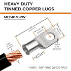 SELTERM 2pcs 1 AWG 3/8" Stud (Wide Pad) Tinned Copper Wire Lugs, Battery Lugs, Ring Terminals, Battery Cable Ends, 1 Gauge Ring Terminal Connectors, UL Marine Grade Battery Terminal Connectors