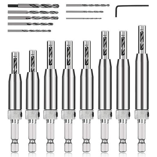 COMOWARE 17pcs VIX Bits Self Centering Drill Bit Set, 1/4" Hex Shank Self Centering Hinge Drill Bit Set for Woodworking Window Door Hinge, Quick Change with 1 Hex Key & 8 Drill Bits 5/64-1/4”
