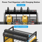 JUNNUJ Power Tool Organizer Floor Stand with Charging Station, Garage Adjustable Storage Rack Utility Tool Shelf with 8 Outlet Power Strip, Heavy Duty Drill and Battery Holder, Yellow