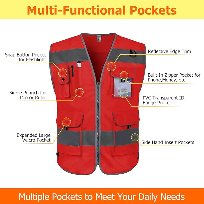 TCCFCCT Reflective Vest 9 Pockets High Visibility Safety Vest for Men Women, Hi Vis Construction Vest with Reflective Strips, Meets ANSI/ISEA Standards, (Red, Small)