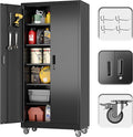 71" H×32" W×16" D Garage Storage Cabinet with Wheels, Locking Metal Storage Cabinet with 5 Adjustable Shelves, 4 Hooks and Pegboard for Garage, Home Office, Kitchen, Black, Assembly Required