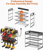 JUNNUJ Power Tool Organizer with 10 Outlet Power Strip, 4 Layer Wall Mount Drill Holder with Charging Station, 4 Drills Storage Shelf Shop Garage Utility Rack, Black