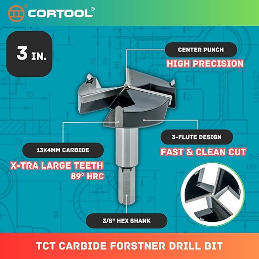 Forstner Drill Bit 3 Inch, Triple-Flute Carbide Tipped Forstner Bit for Hard Wood, Soft Wood, Veneered Plywood, Plastic, Drilling Hole Saw Woodworking Hinge Cutter Tool