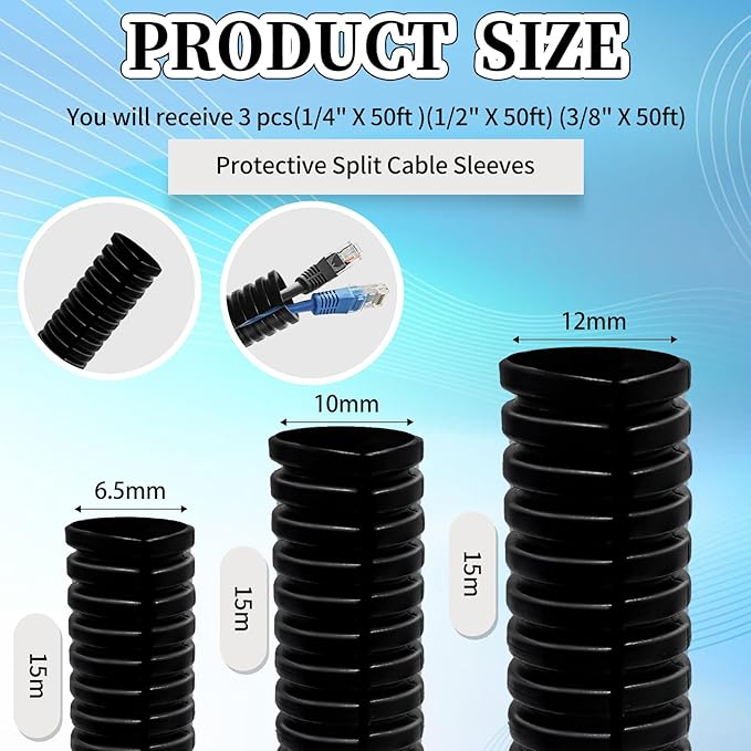 Split Loom Wire 1/4" X 50ft, 1/2" X 50 ft, 3/8" X 50 ft Electric Wires Covers Flexible Wire Loom Tubing Dog Cat Cord Protector Split Cable Sleeves (50ft)