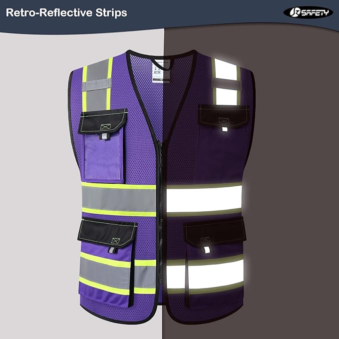 JKSafety Hi Vis Reflective Safety Vests for Men Women High Visibility Vest with Pockets Mesh Fabric Construction Safety Apparel Neon Vest for Work (220-PurpleB M)