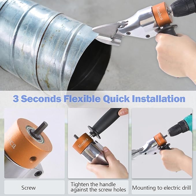 Professional Sheet Metal Cutter Drill Attachment, Heavy Duty Metal Shear Attachment with 360° Pivoting Handle, Power Tool Accessory for Curved & Straight Cutting on Steel, Aluminum & Iron- O
