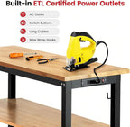 Work Table for Garage 60 x 22 Inch Adjustable Height Workbench Heavy Duty Rubberwood Tabletop Work Bench with Power Outlets Pegboard Pad for Woodworking Shop, Home, Office