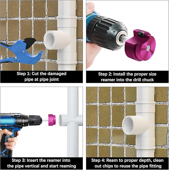 8Pcs PVC Pipe Reamer Kit,PVC Fitting Saver with 1/2",3/4",1",1-1/4",1-1/2",2",3",4" Reamers,PVCs Socket Saver Plumbing Plastic Pipe Reamer Tool Kit for Sch.40 CPVC ABS Hub,Fit Standard 1/2" Drills