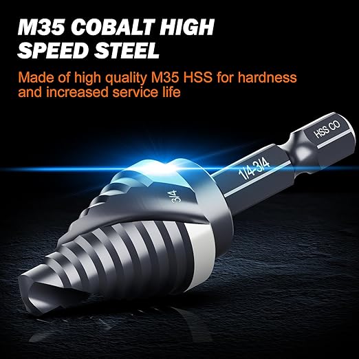 THINKWORK M35 Cobalt Spiral Flute Step Drill Bit, Single Size HSS Step Bit 3/4", Small Size EDC 1/4" Shank Step Bits for Metal, Carbon Steel, Stainless Steel, Wood, Plastic