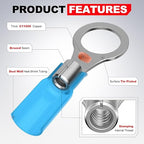 AIRIC 16-14 AWG - 1/4" Heat Shrink Ring Terminals, Copper Terminal Connector Ends, Battery Cable End Lugs, Blue Insulated Electrical Crimp Wiring Connectors, Wire Lug for 16, 14 Gauge Wires, 100 PCS